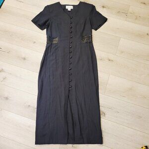 Vtg 90s Sophia Rose Black Satin Accents Button Up Sweetheart Cut Dress Size 10